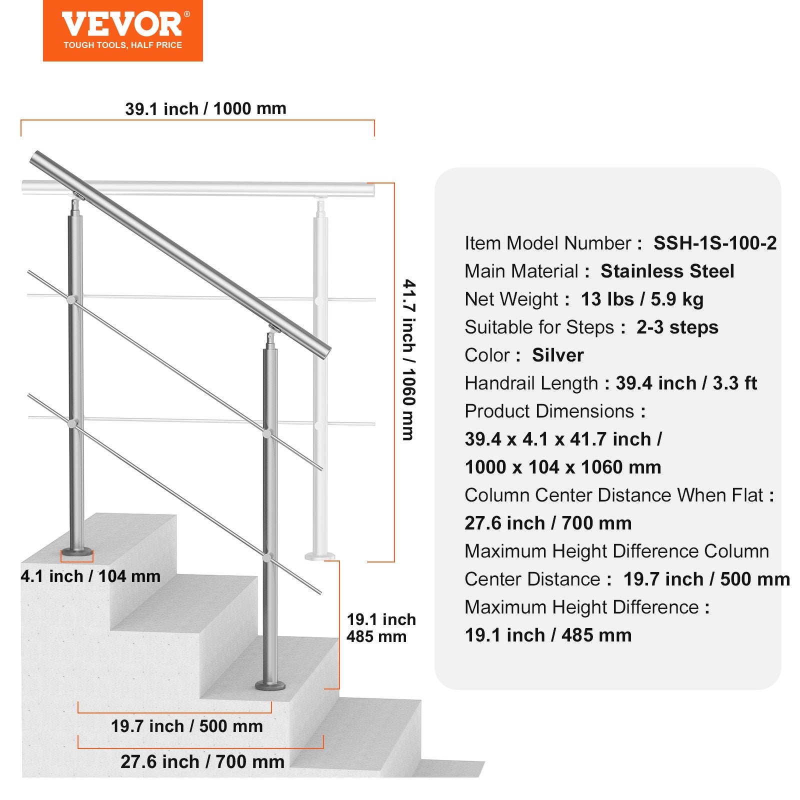 Handrails for Outdoor Steps 39.4in Stainless Steel Stair Rail Double-Column