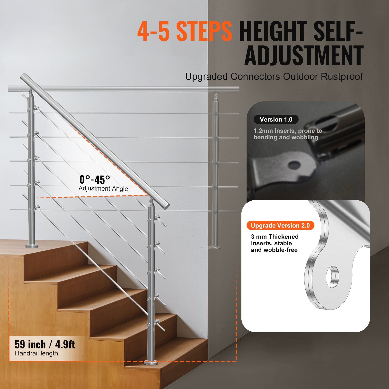 Handrails for Outdoor Steps 59in Stainless Steel Stair Rail Kit Double-Column
