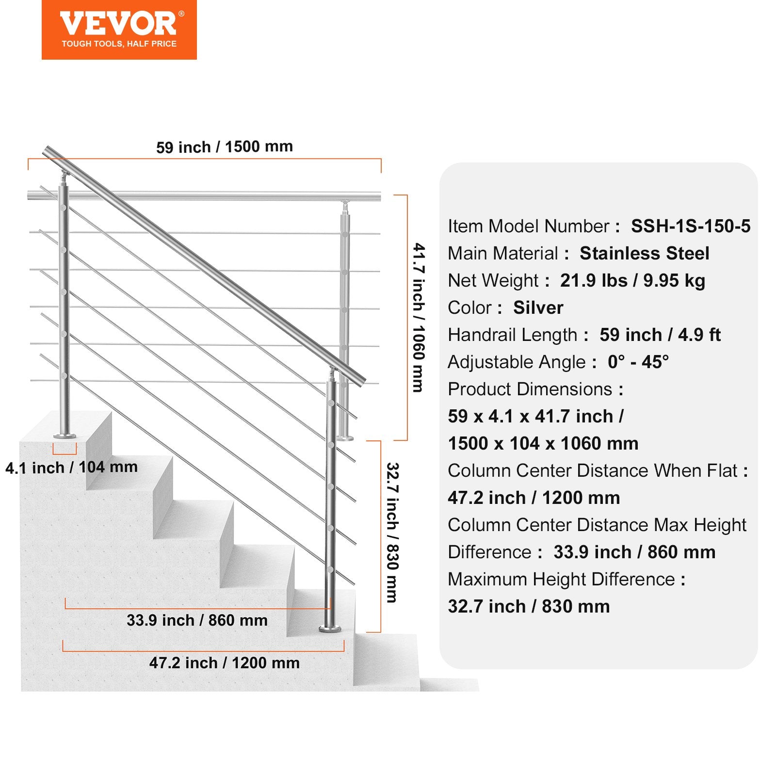 Handrails for Outdoor Steps 59in Stainless Steel Stair Rail Kit Double-Column