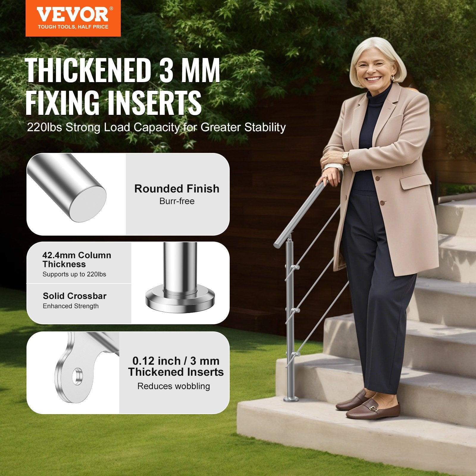 Handrails Outdoor Steps 59 Inch 3 Crossbars Stair Stainless Double-Column