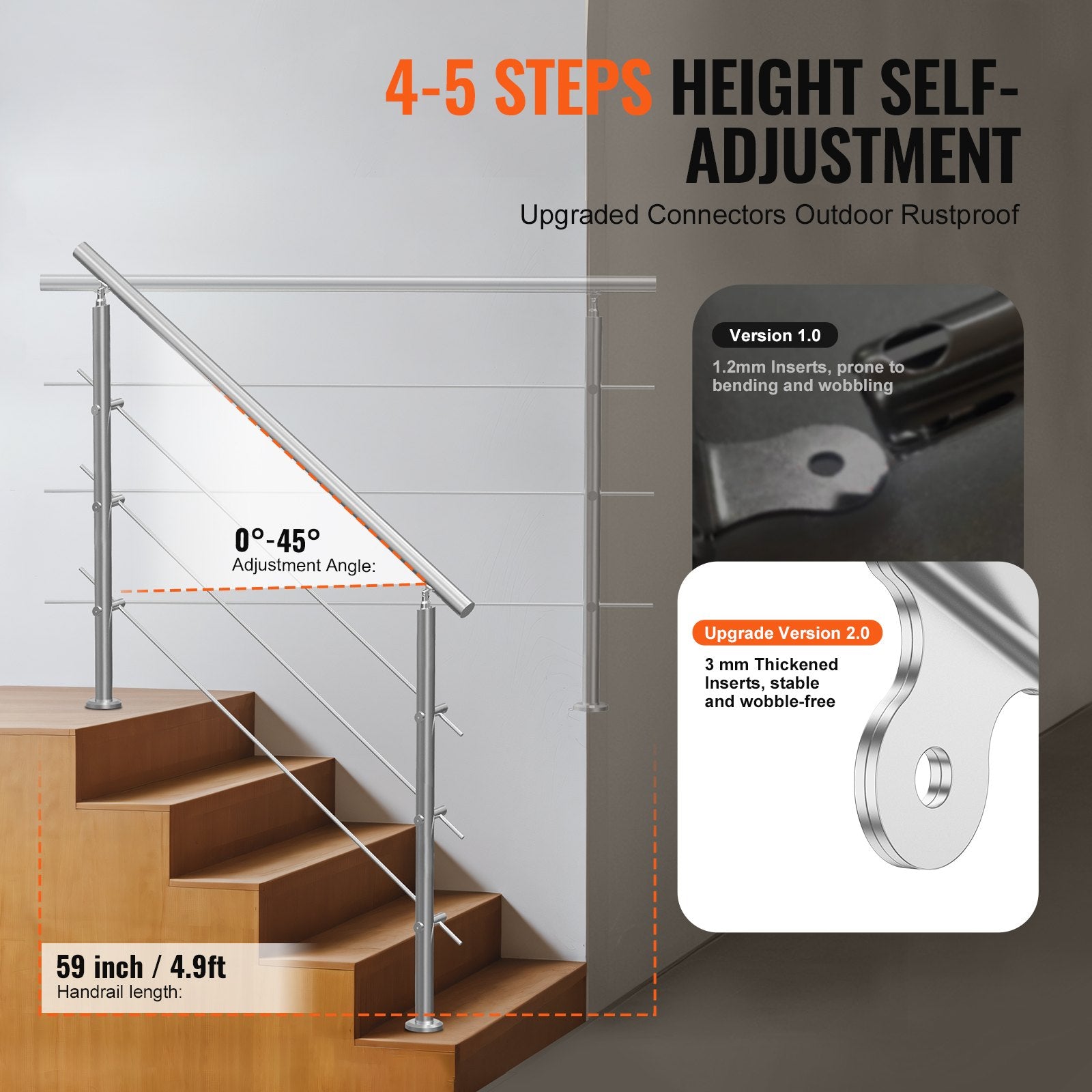 Handrails Outdoor Steps 59 Inch 3 Crossbars Stair Stainless Double-Column