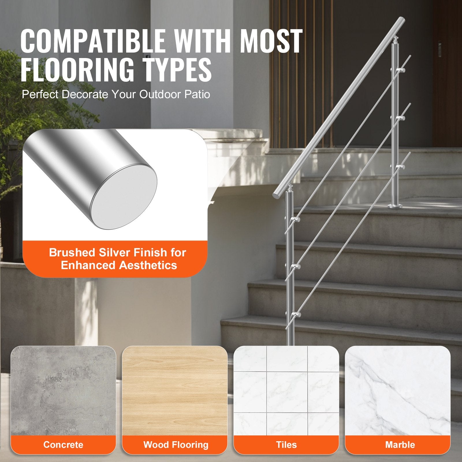 Handrails Outdoor Steps 59 Inch 3 Crossbars Stair Stainless Double-Column