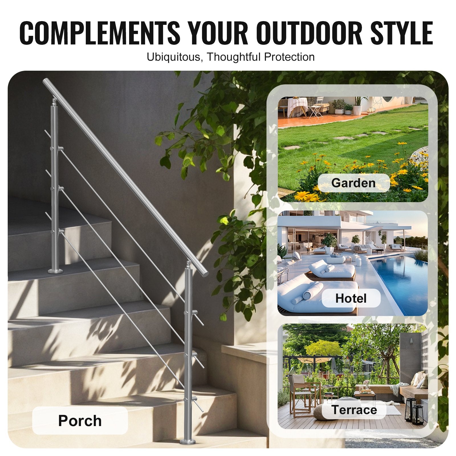 Handrails Outdoor Steps 59 Inch 3 Crossbars Stair Stainless Double-Column