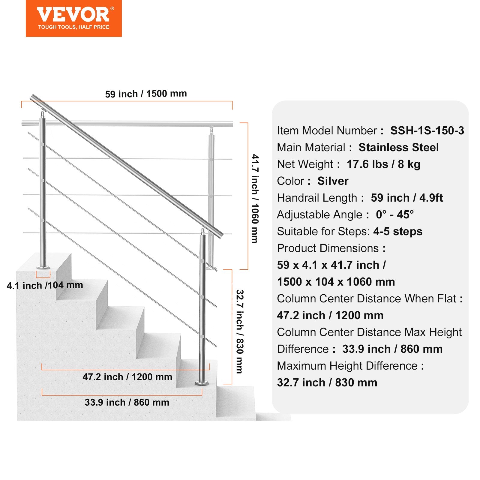 Handrails Outdoor Steps 59 Inch 3 Crossbars Stair Stainless Double-Column