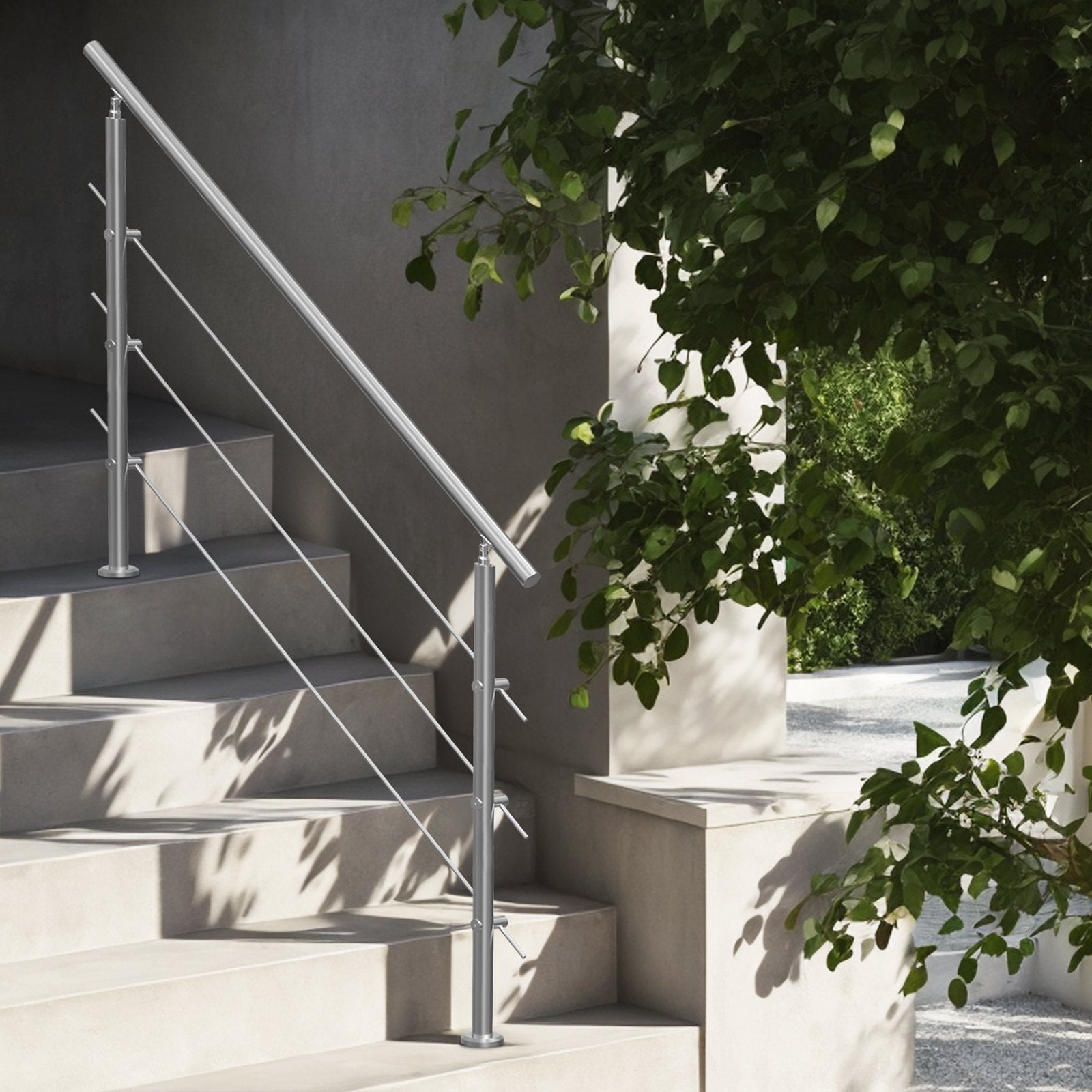 Handrails Outdoor Steps 59 Inch 3 Crossbars Stair Stainless Double-Column