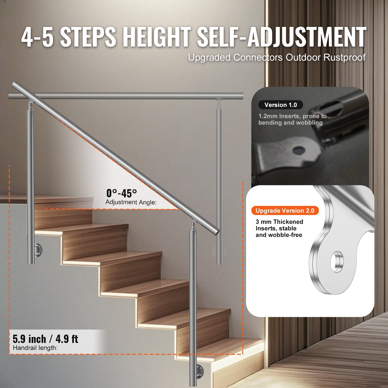 Handrails Outdoor Steps 59in Stainless Steel Stair Rail Kit Seniors Side-mount