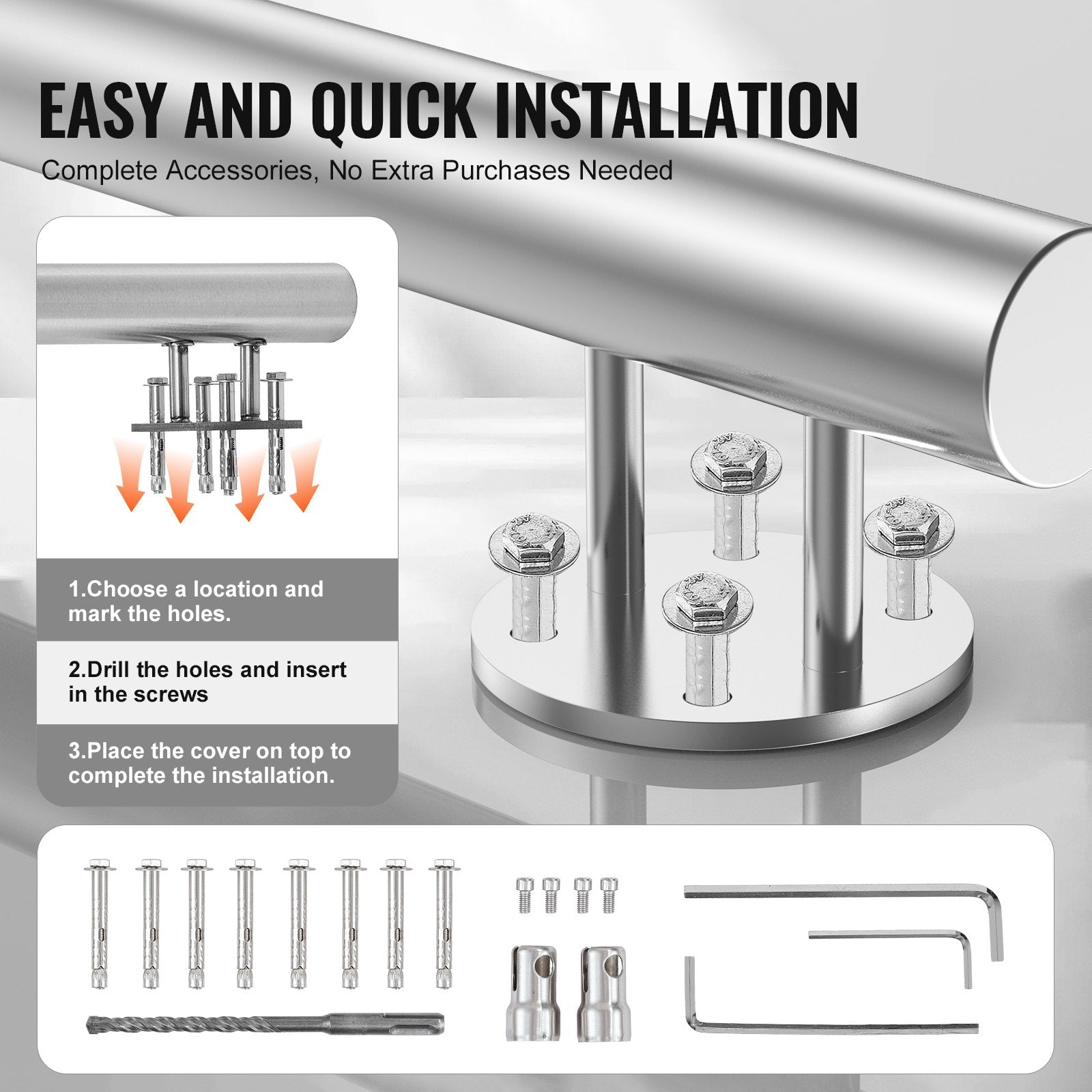 Handrails Outdoor Steps 59in Stainless Steel Stair Rail Kit Seniors Side-mount