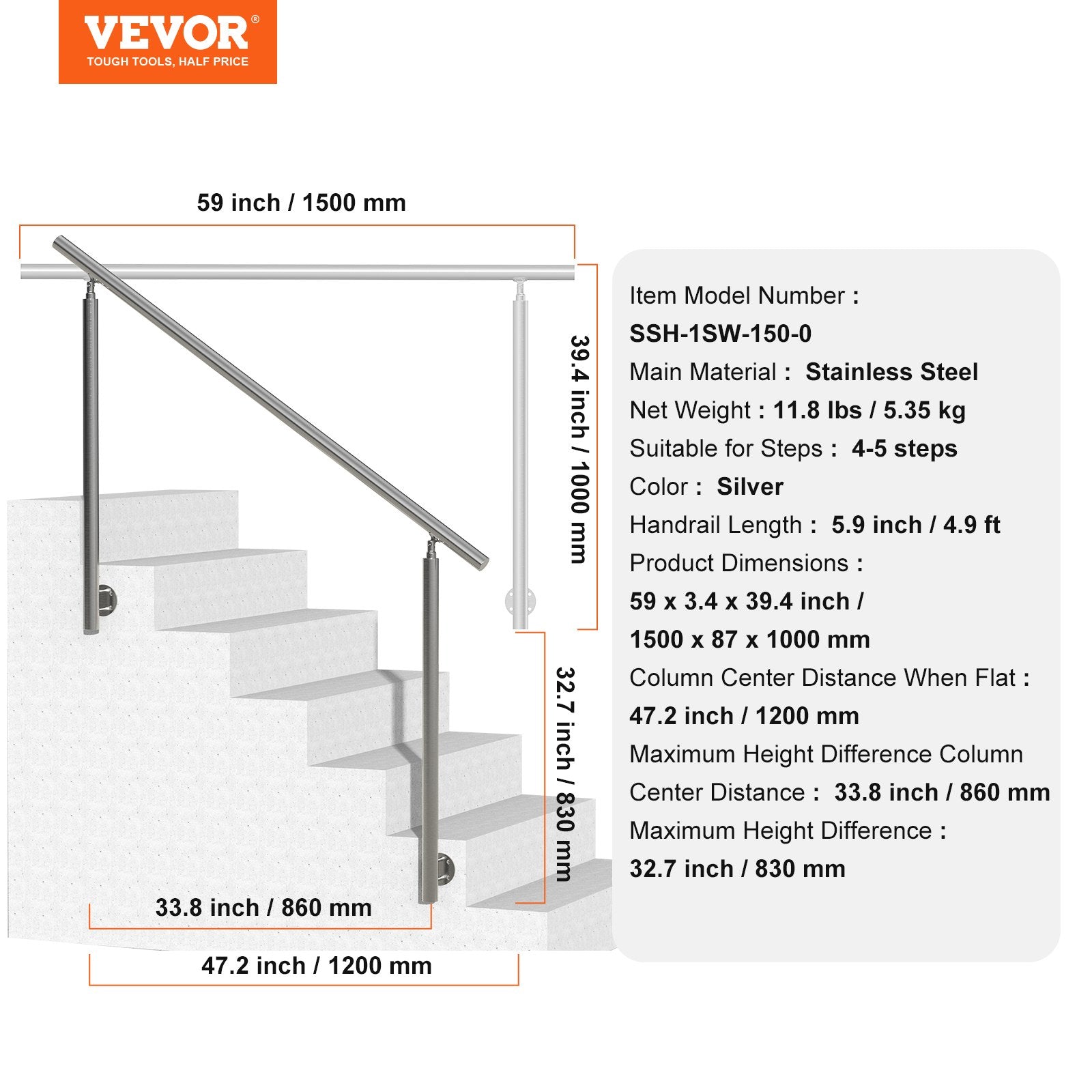Handrails Outdoor Steps 59in Stainless Steel Stair Rail Kit Seniors Side-mount