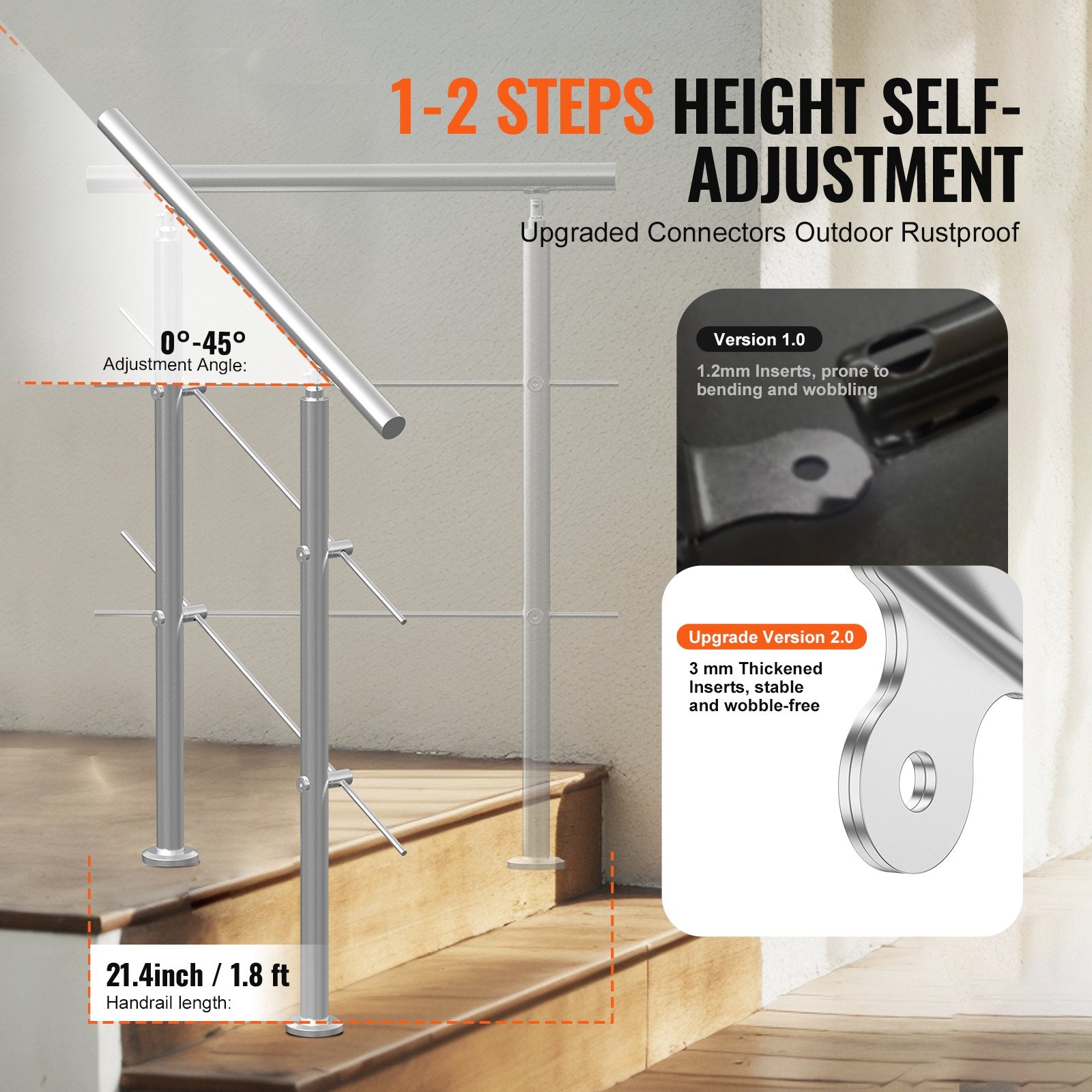 Handrails Outdoor Steps 31.5in 2 Crossbars Stainless Steel Rail Kit Seniors