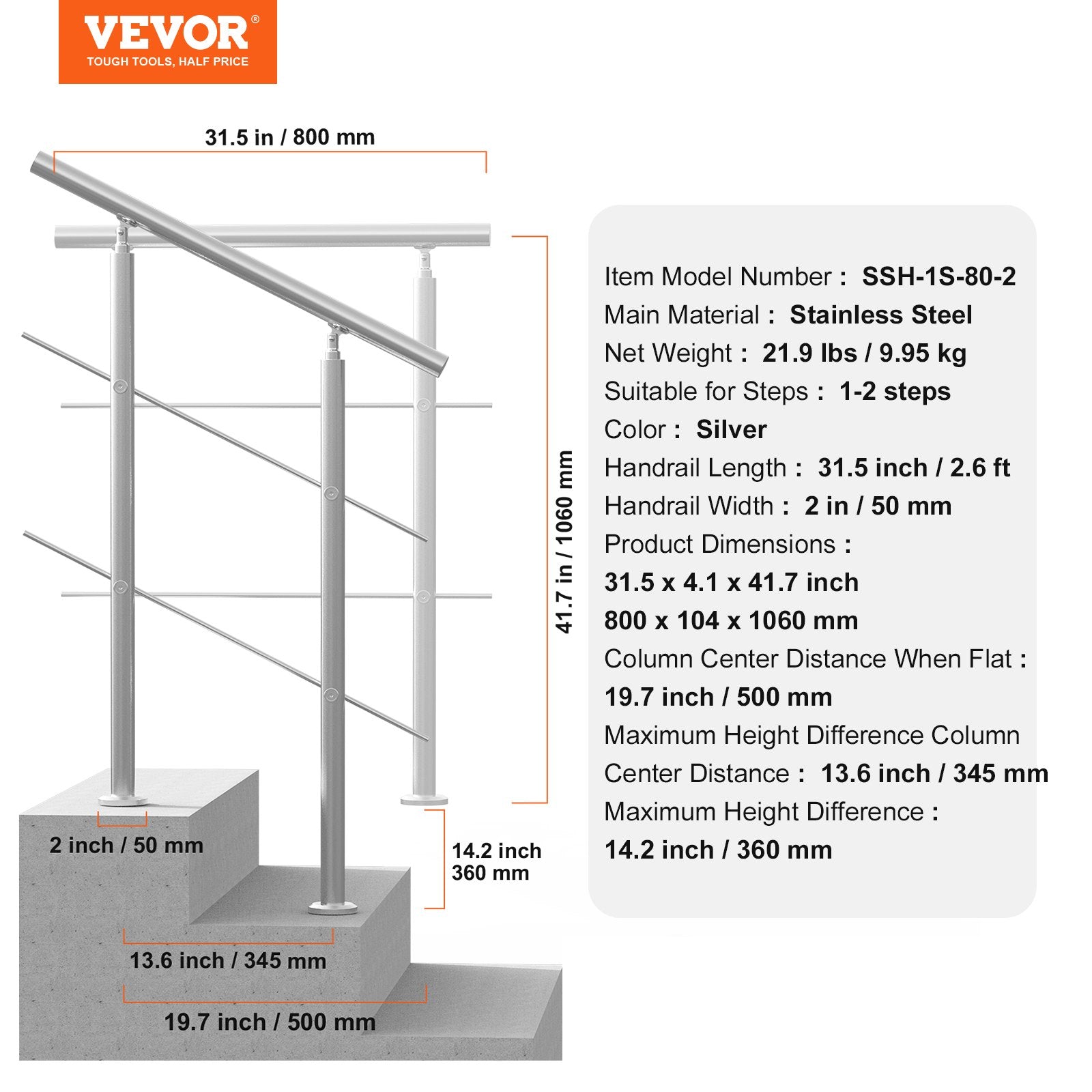 Handrails Outdoor Steps 31.5in 2 Crossbars Stainless Steel Rail Kit Seniors