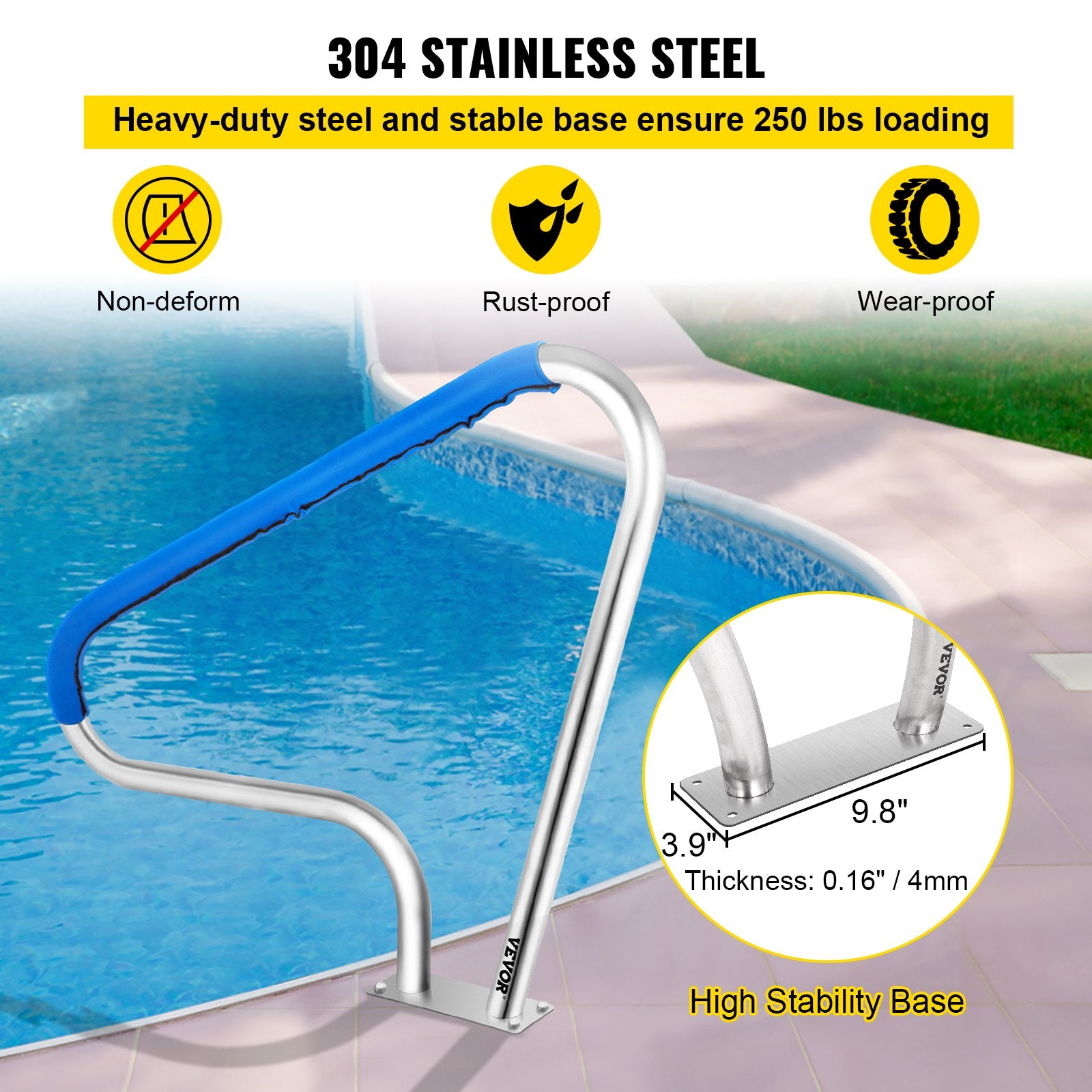 Pool Rail Railing 121.9x91.5cm Stainless Steel Handrail with 4ft Cover