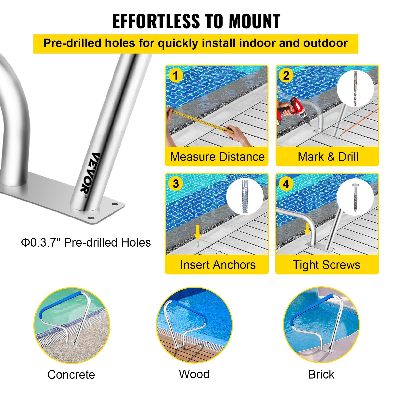 Pool Rail Railing 121.9x91.5cm Stainless Steel Handrail with 4ft Cover