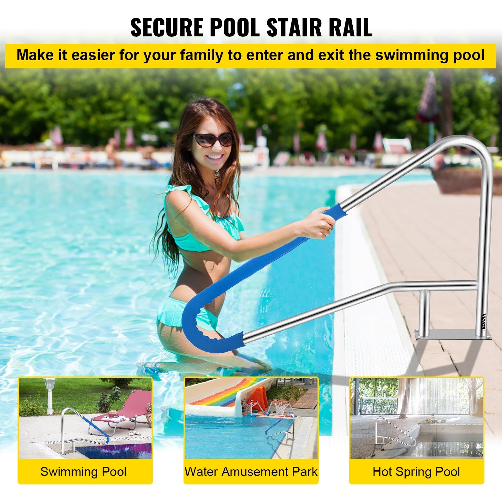 Pool Rail Railing 137x91.4cm Stainless Steel Handrail with 4ft Cover