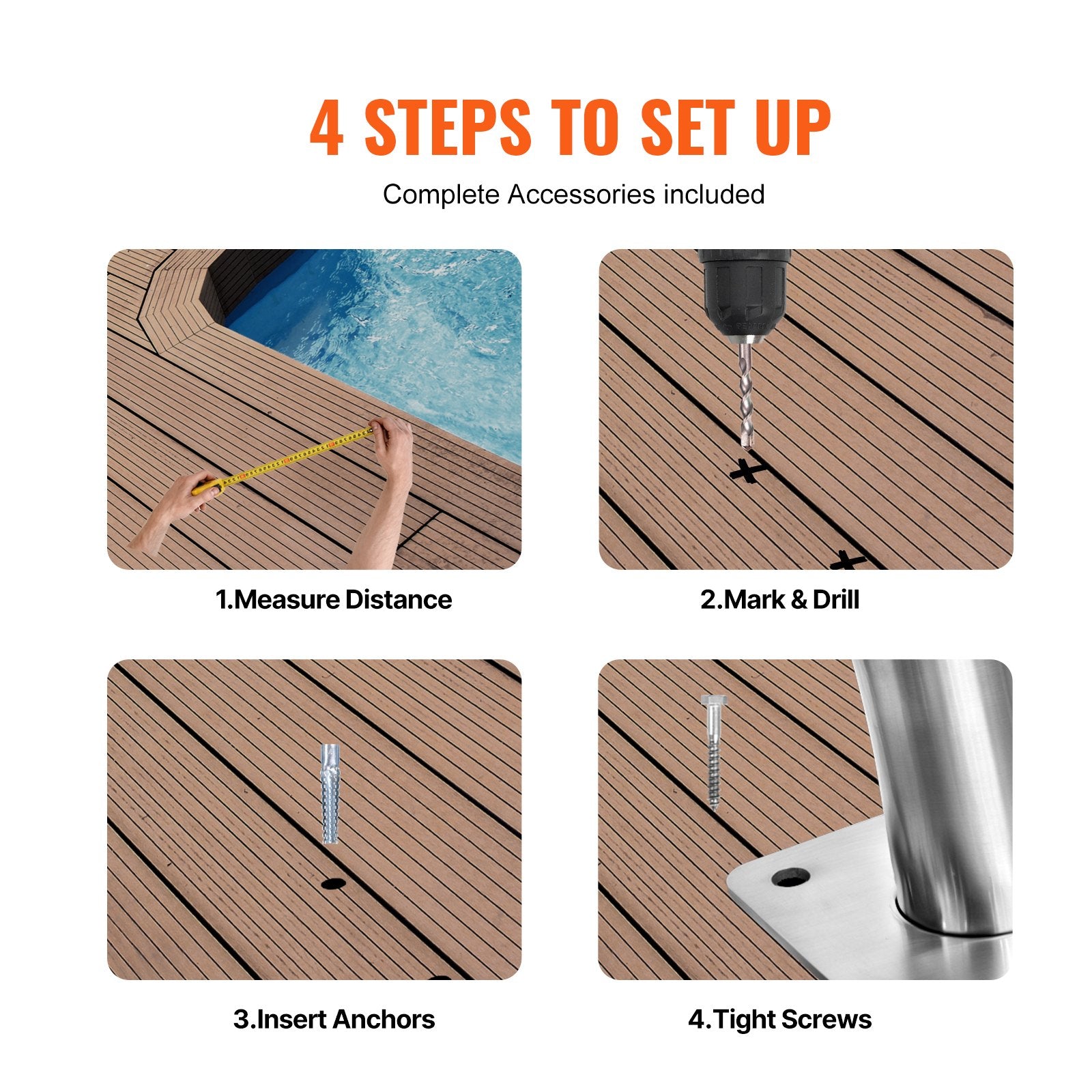 Pool Handrail 2PCS 30x30in Stainless Steel Railing Rust-Proof Grab Bar
