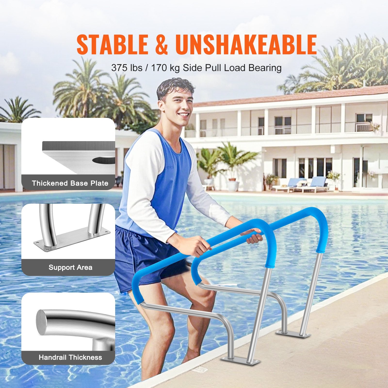 Pool Handrail 2PCS 48x36in Stainless Steel Railing Rust-Proof Grab Bar