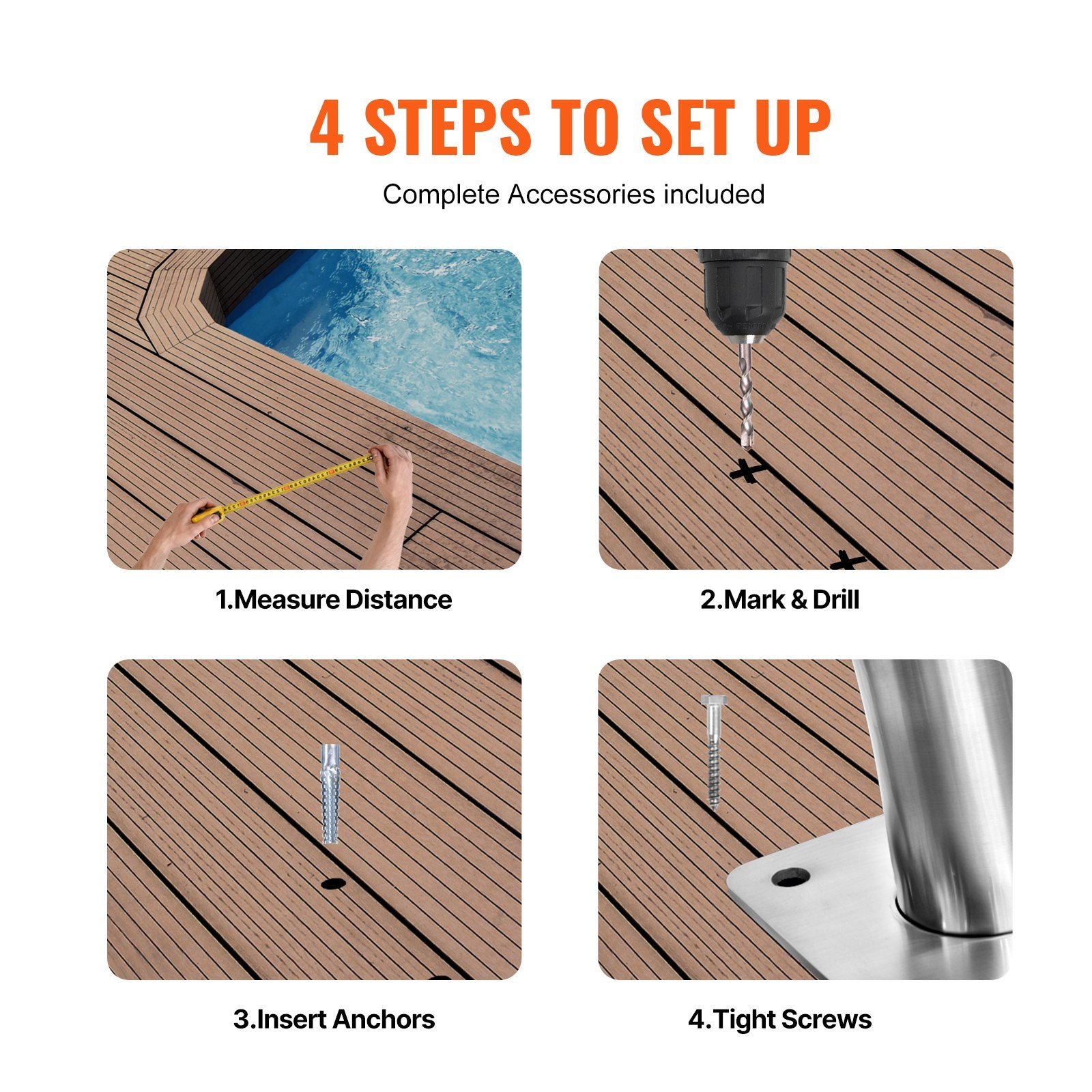Pool Handrail 2PCS 48x36in Stainless Steel Railing Rust-Proof Grab Bar