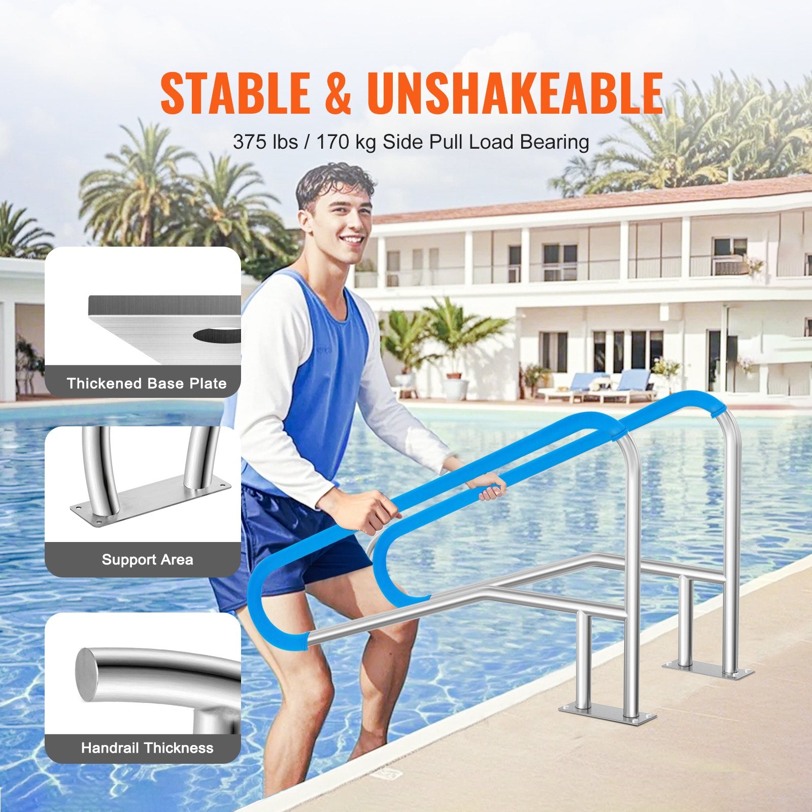 Pool Handrail 55x32in Stainless Steel Railing Rust-Proof Safety Grab Bar