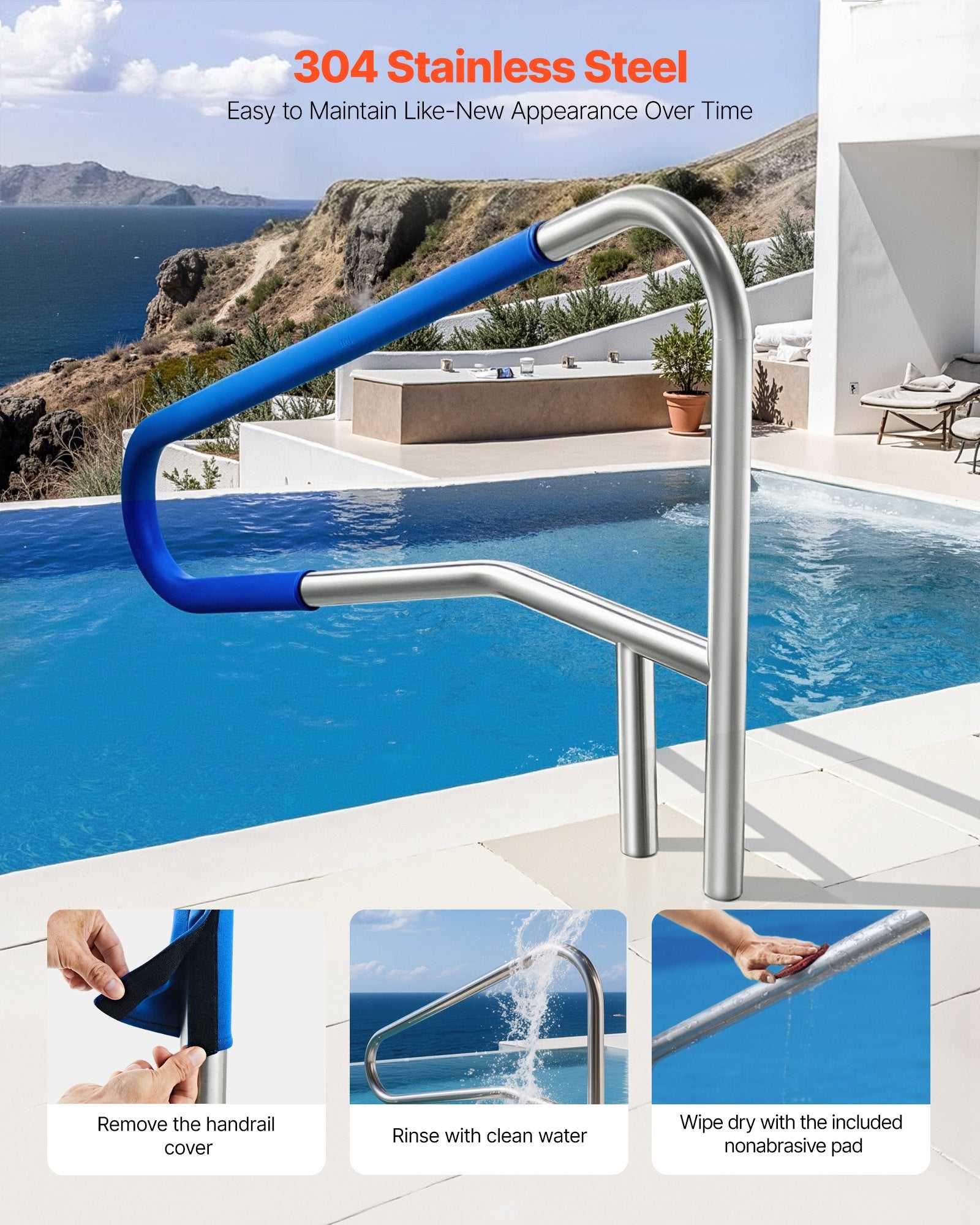 Pool Rail 137.1x81.3cm 304 Stainless Steel Handrail 100kg Heavy-Duty Nonslip