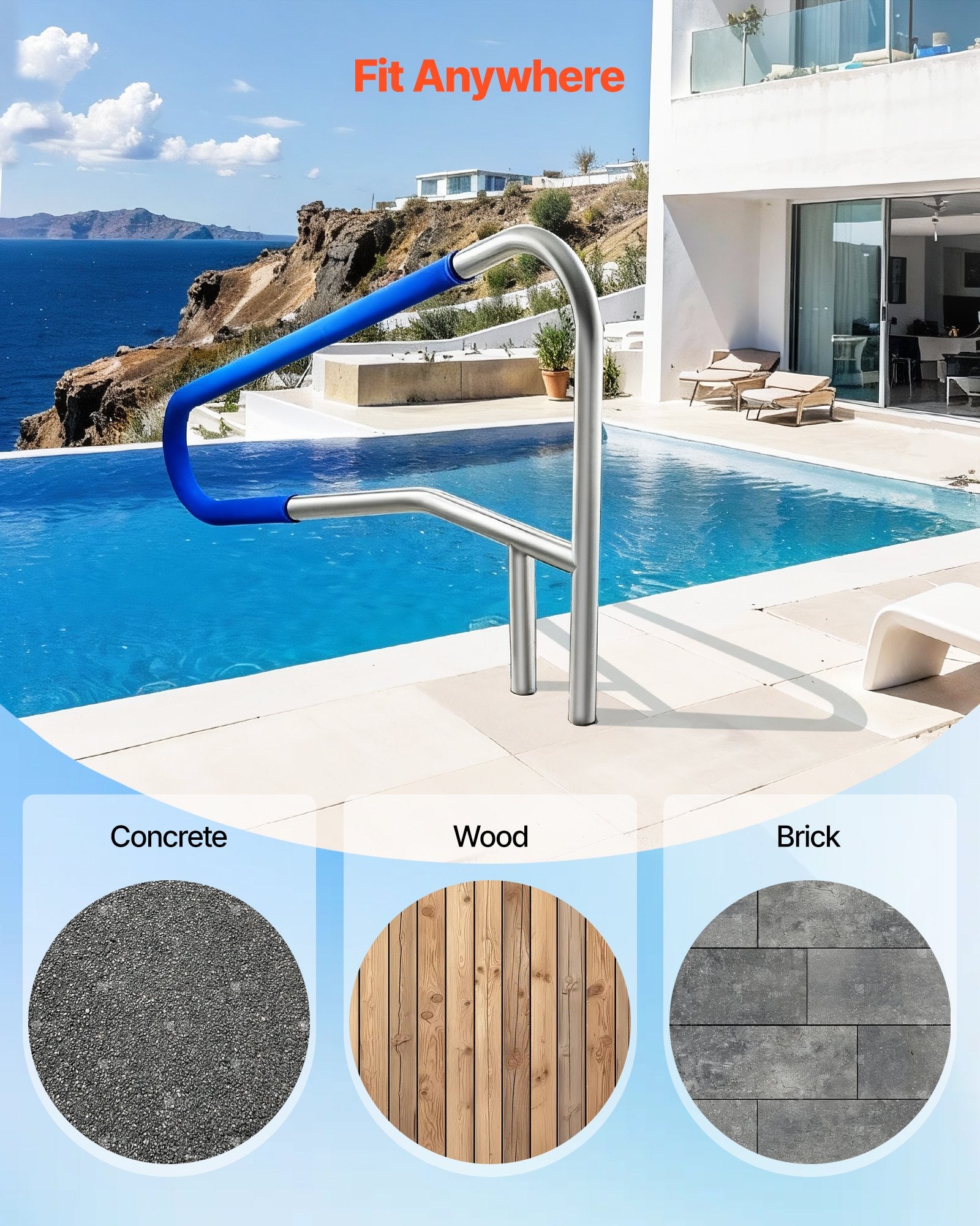 Pool Rail 137.1x81.3cm 304 Stainless Steel Handrail 100kg Heavy-Duty Nonslip