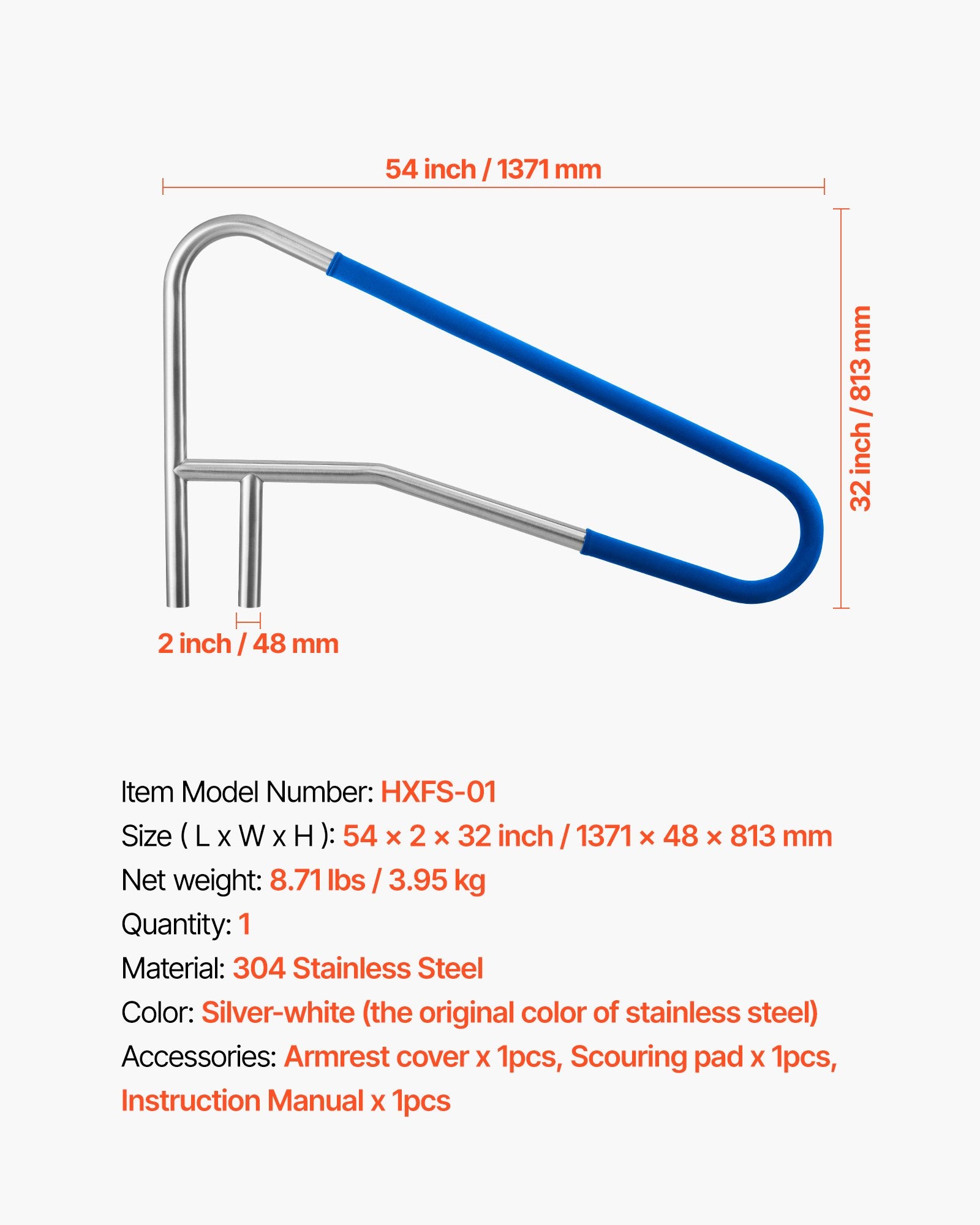 Pool Rail 137.1x81.3cm 304 Stainless Steel Handrail 100kg Heavy-Duty Nonslip