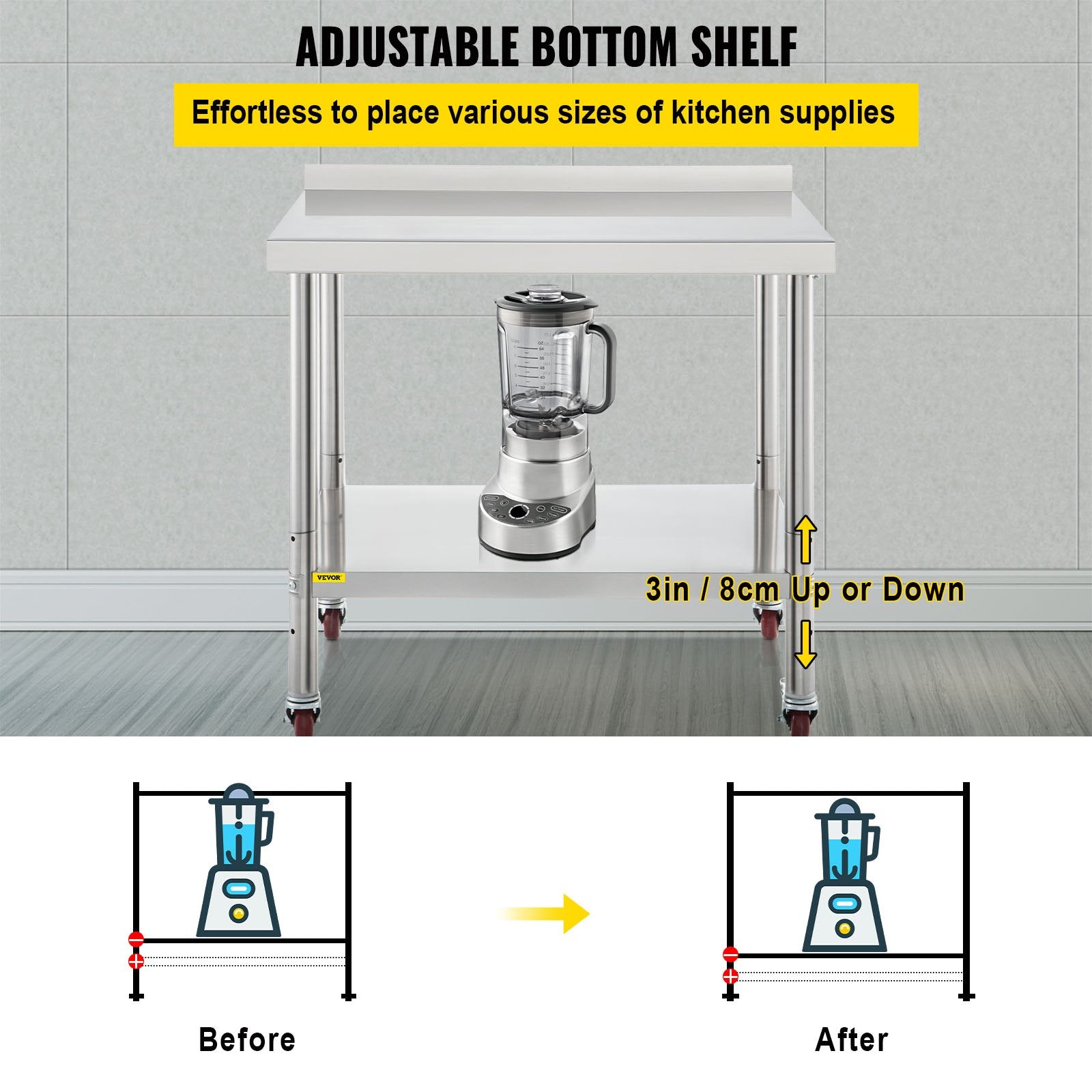 Stainless Steel Work Prep Table 76.2x61 cm Kitchen Work Table with 4 Casters