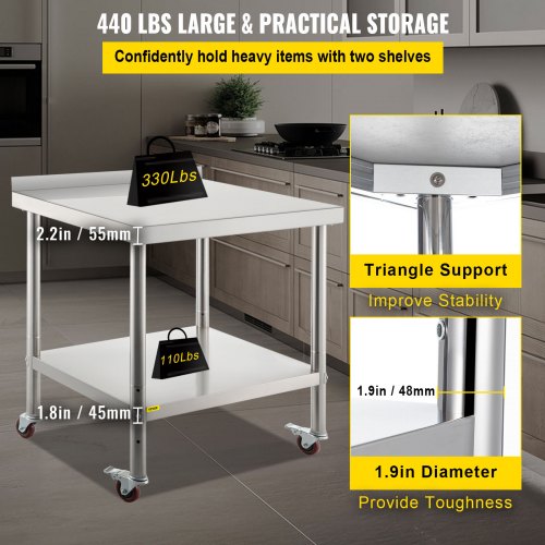 VEVOR 36x24 inch Stainless Steel Kitchen Work Prep Table with Casters