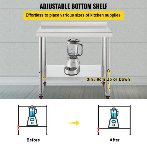 VEVOR 36x24 inch Stainless Steel Kitchen Work Prep Table with Casters