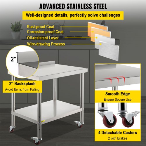 VEVOR 36x24 inch Stainless Steel Kitchen Work Prep Table with Casters