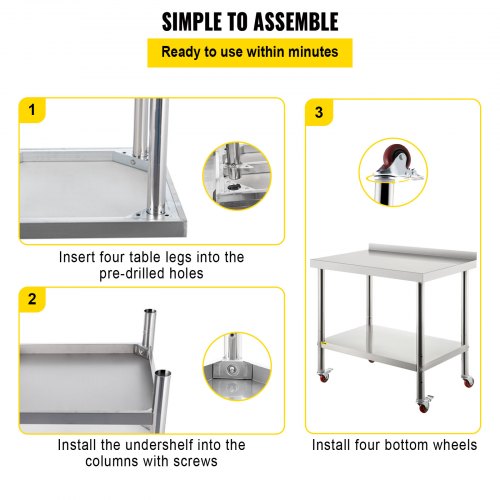 VEVOR 36x24 inch Stainless Steel Kitchen Work Prep Table with Casters