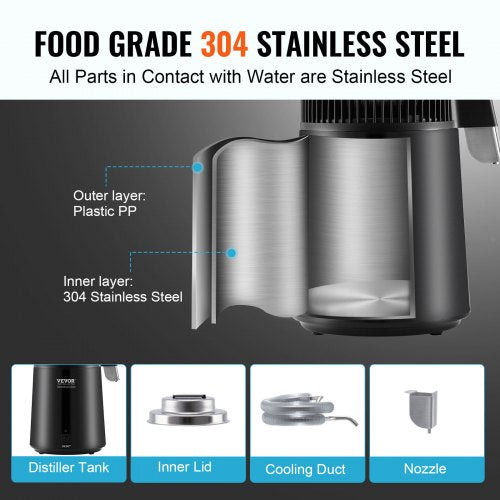 VEVOR Stainless Steel 4L Water Distiller Pure Water Maker Countertop - Black