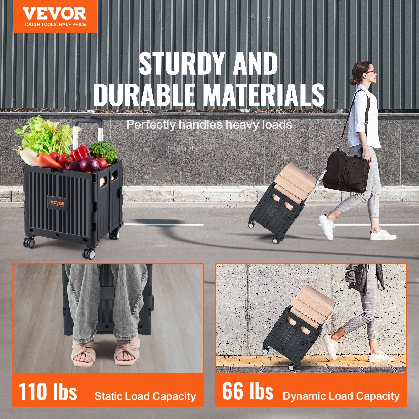 Foldable Utility Cart 50kg Load Capacity Portable Rolling Crate with Handle