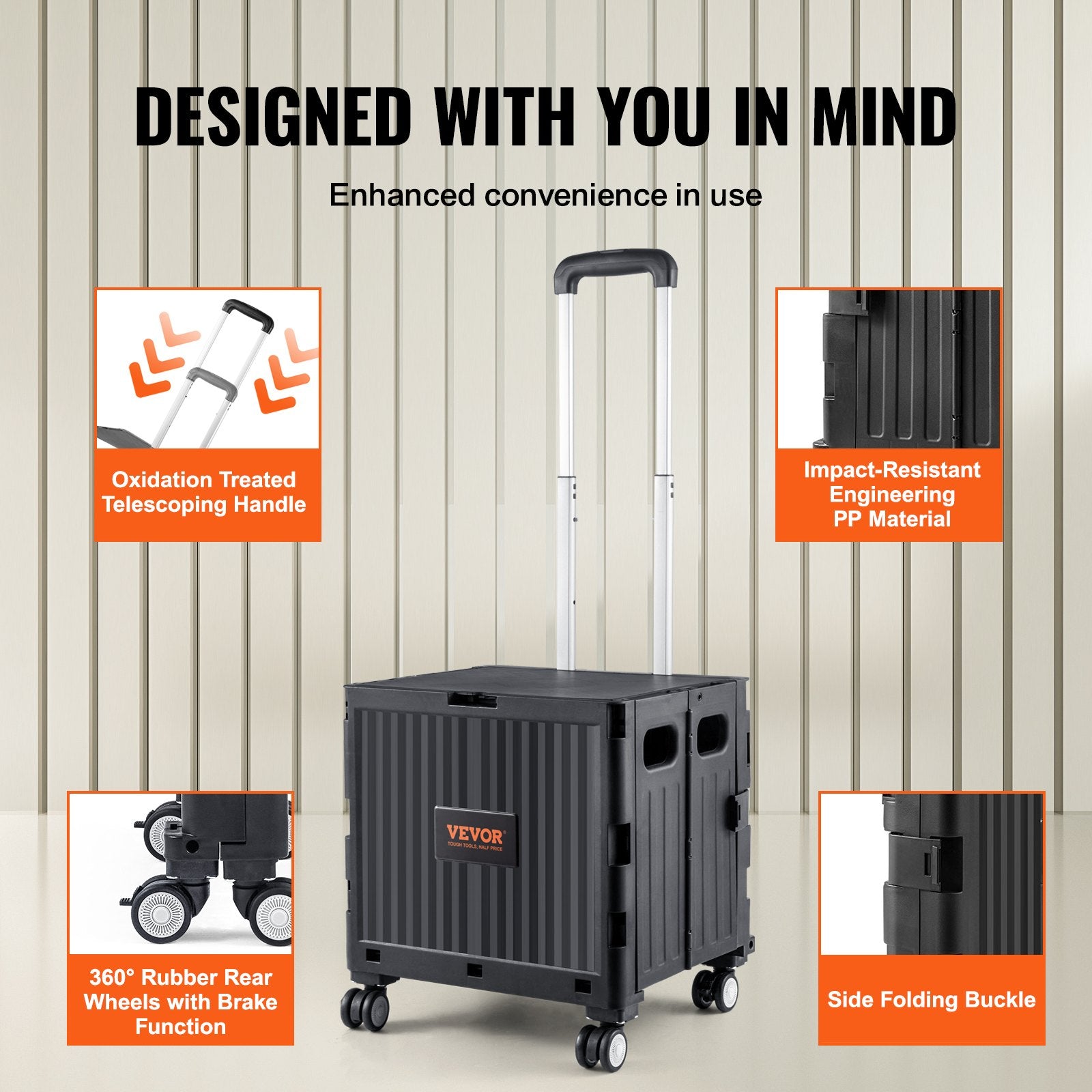 Foldable Utility Cart 50kg Load Capacity Portable Rolling Crate with Handle