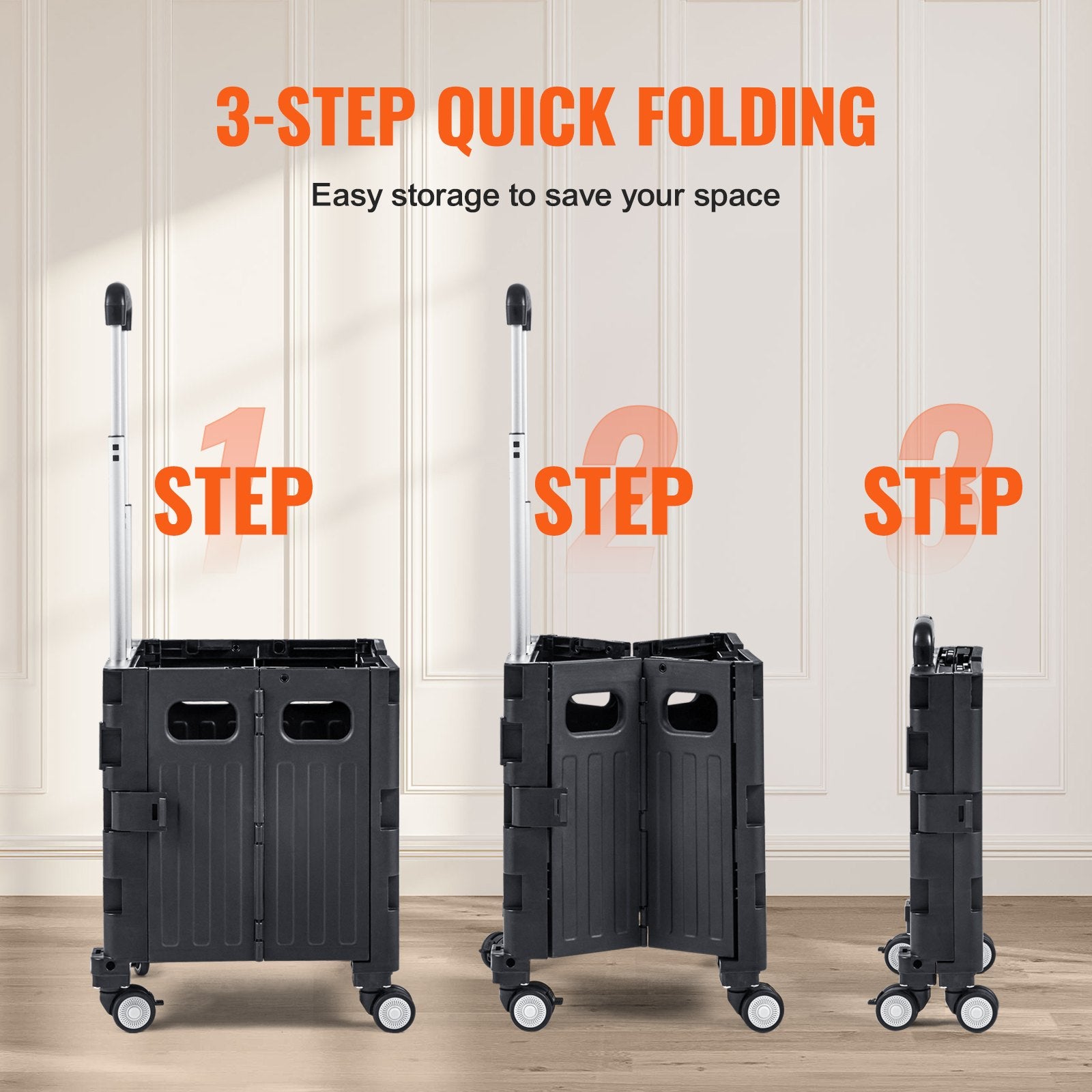 Foldable Utility Cart 50kg Load Capacity Portable Rolling Crate with Handle