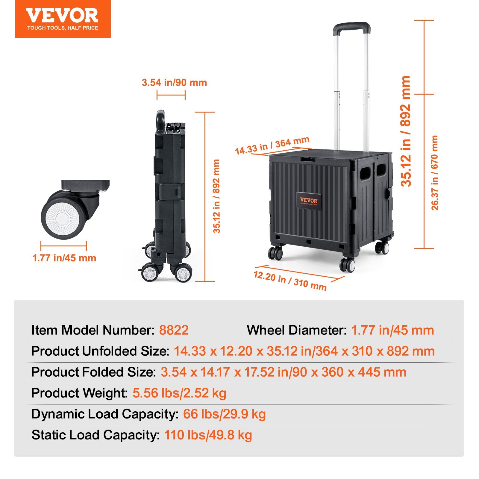 Foldable Utility Cart 50kg Load Capacity Portable Rolling Crate with Handle