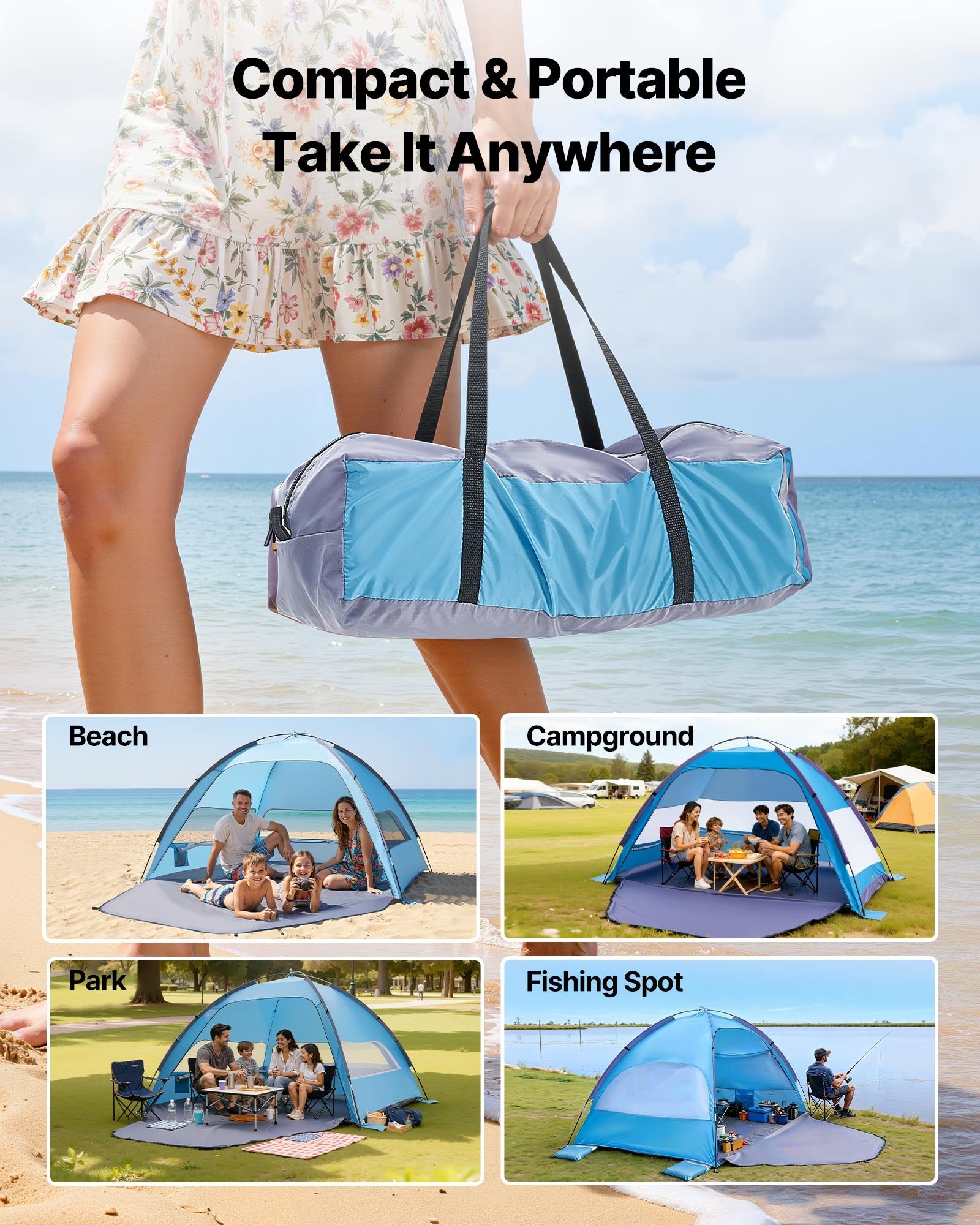 Portable Beach Tent Sun Shelter UPF 50+ Canopy with Carry Bag and Sand Pockets