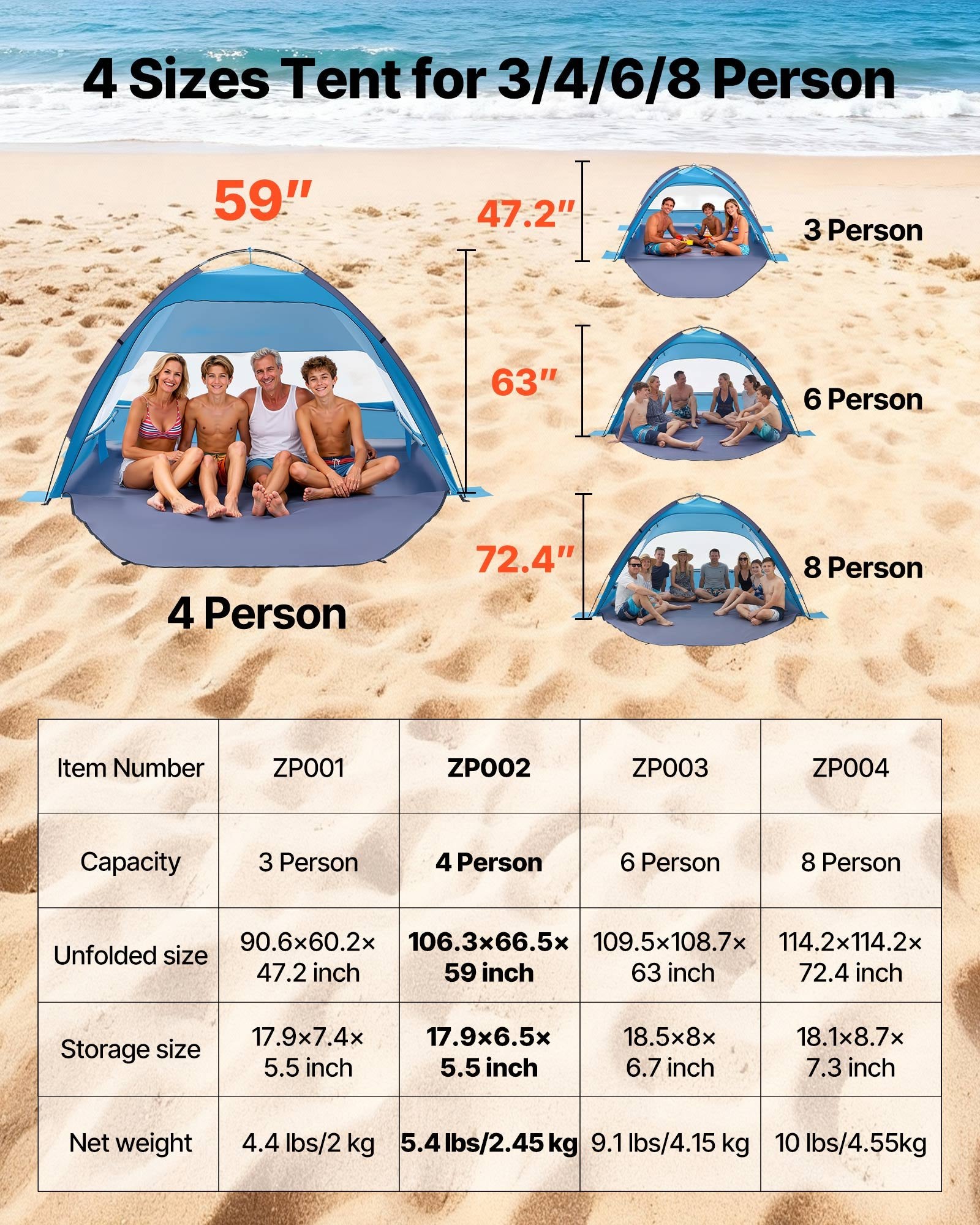 Portable Beach Tent Sun Shelter UPF 50+ Canopy with Carry Bag and Sand Pockets