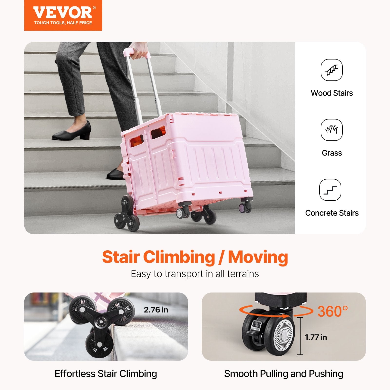 Foldable Utility Cart 65L Collapsible Stair-Climbing 360° Swivel Wheels Pink