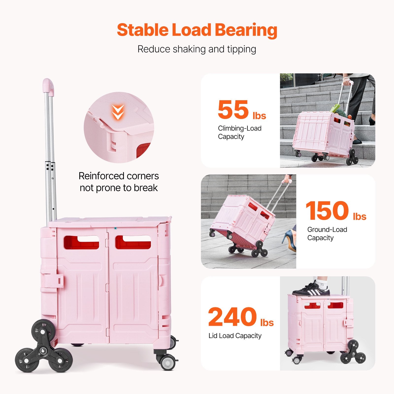 Foldable Utility Cart 65L Collapsible Stair-Climbing 360° Swivel Wheels Pink