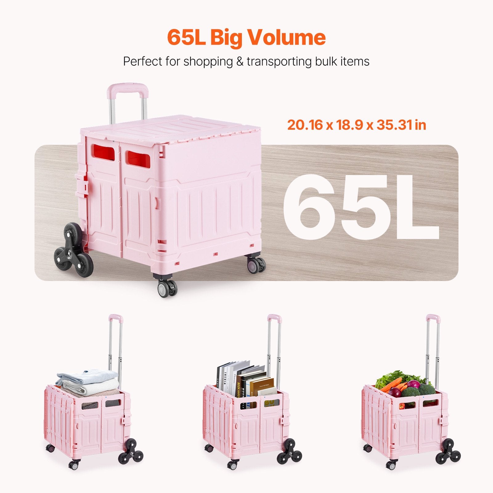 Foldable Utility Cart 65L Collapsible Stair-Climbing 360° Swivel Wheels Pink