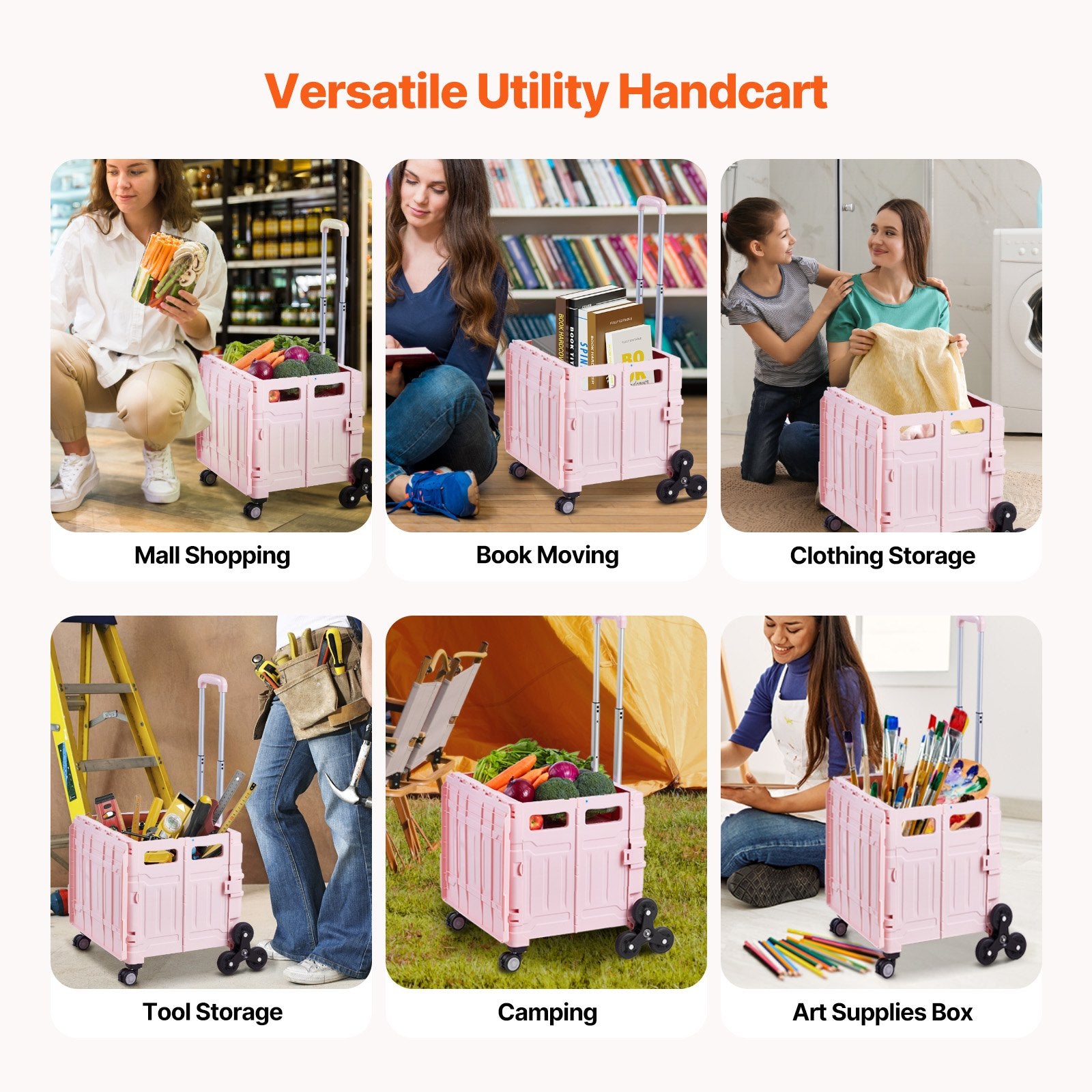 Foldable Utility Cart 65L Collapsible Stair-Climbing 360° Swivel Wheels Pink