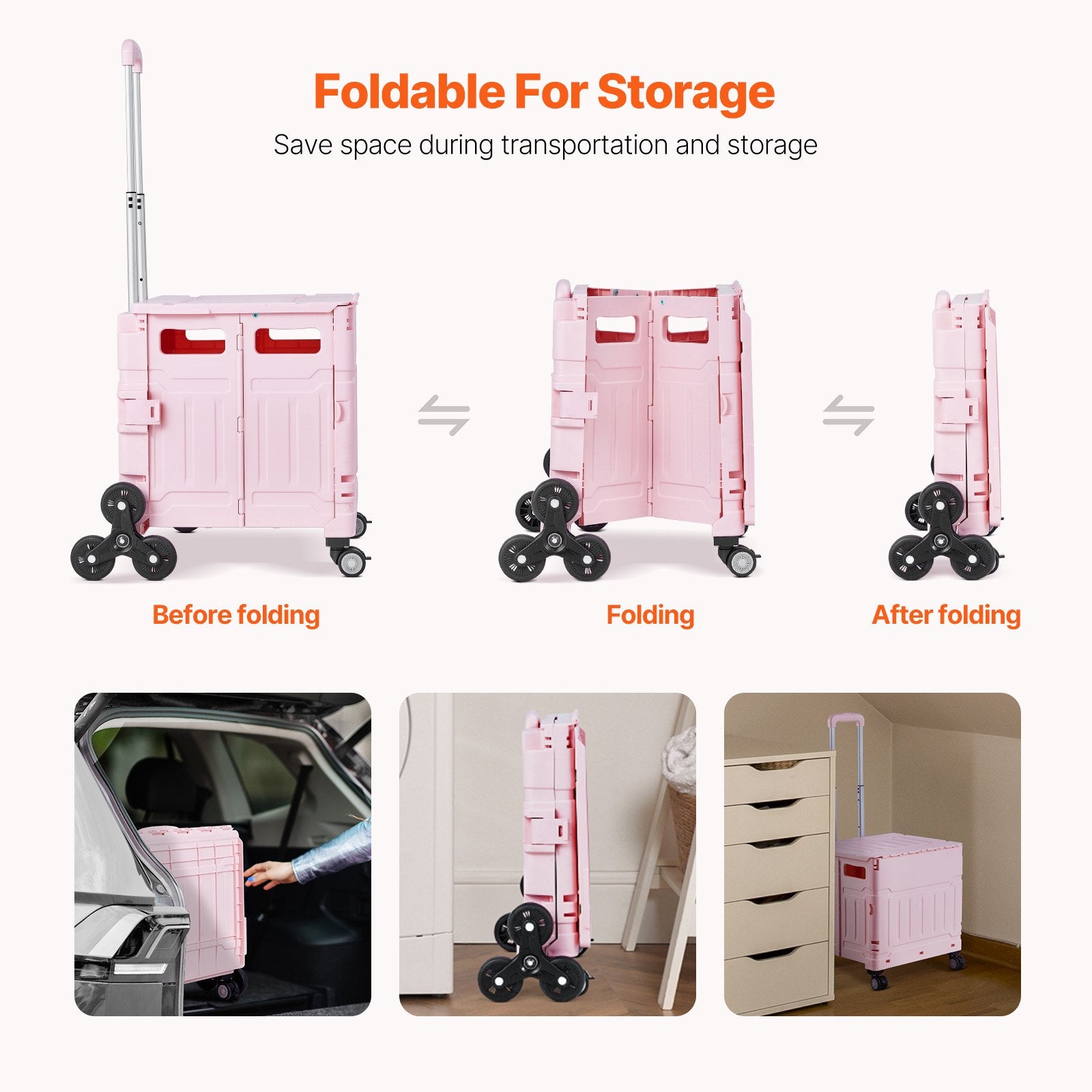 Foldable Utility Cart 65L Collapsible Stair-Climbing 360° Swivel Wheels Pink