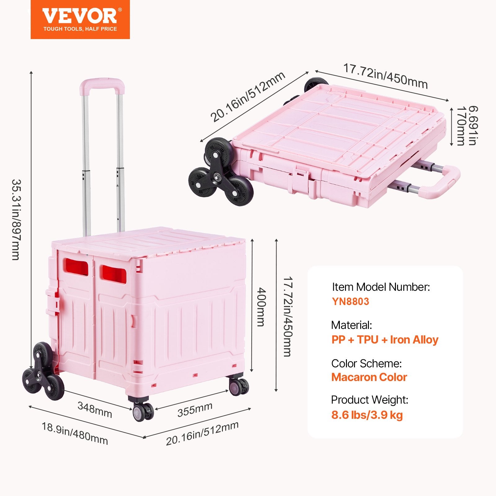 Foldable Utility Cart 65L Collapsible Stair-Climbing 360° Swivel Wheels Pink