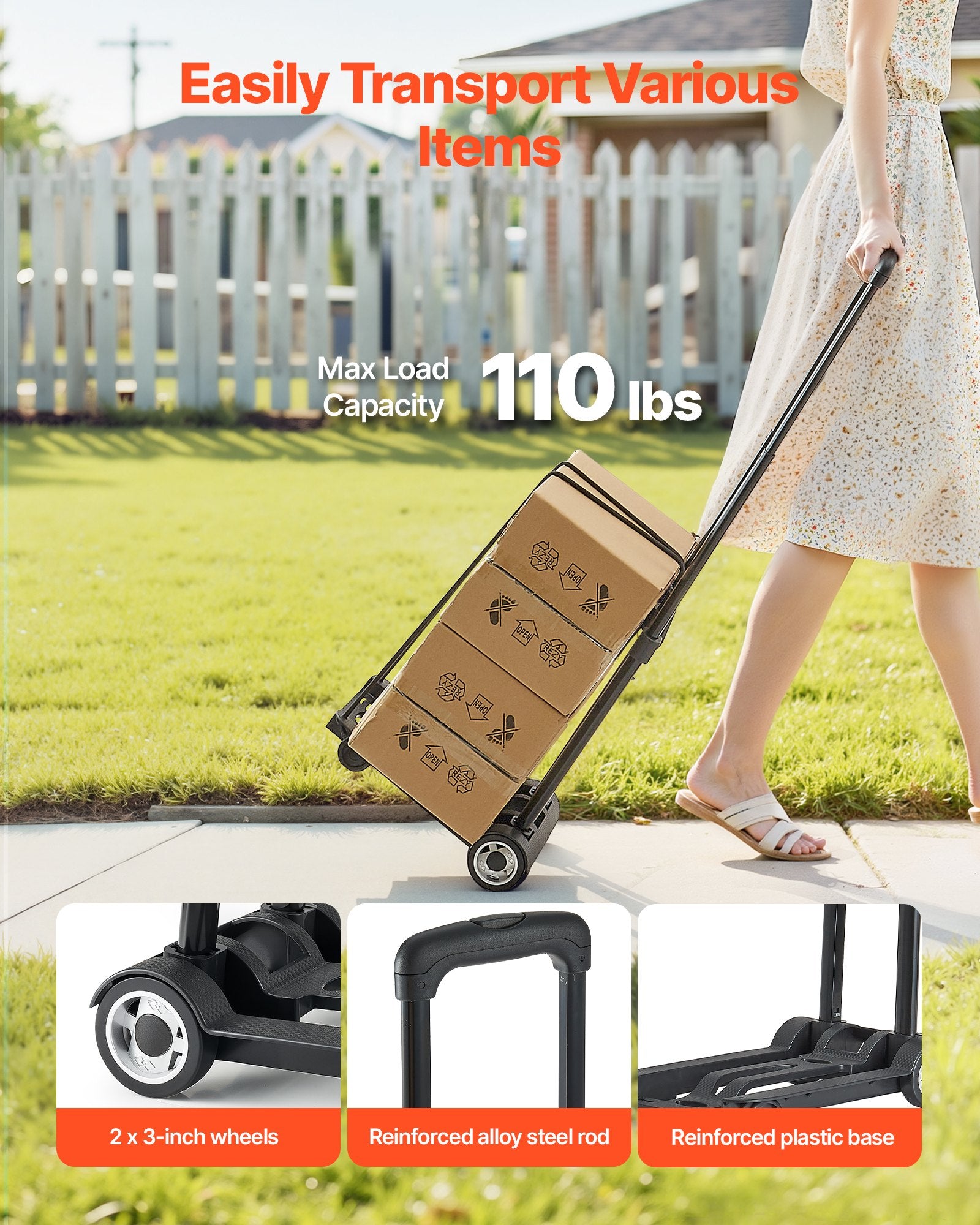 Folding Hand Truck 49.9kg Collapsible 2-Wheel Luggage Cart Elastic Rope Black