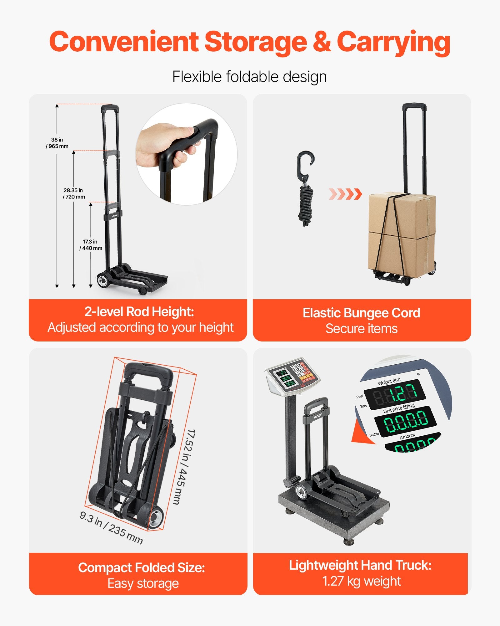Folding Hand Truck 49.9kg Collapsible 2-Wheel Luggage Cart Elastic Rope Black