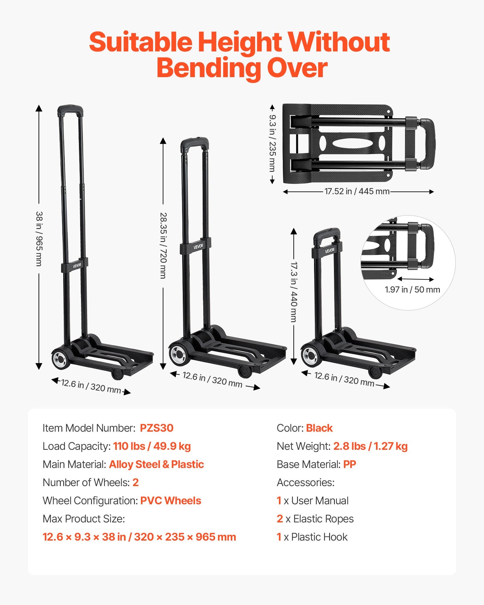 Folding Hand Truck 49.9kg Collapsible 2-Wheel Luggage Cart Elastic Rope Black
