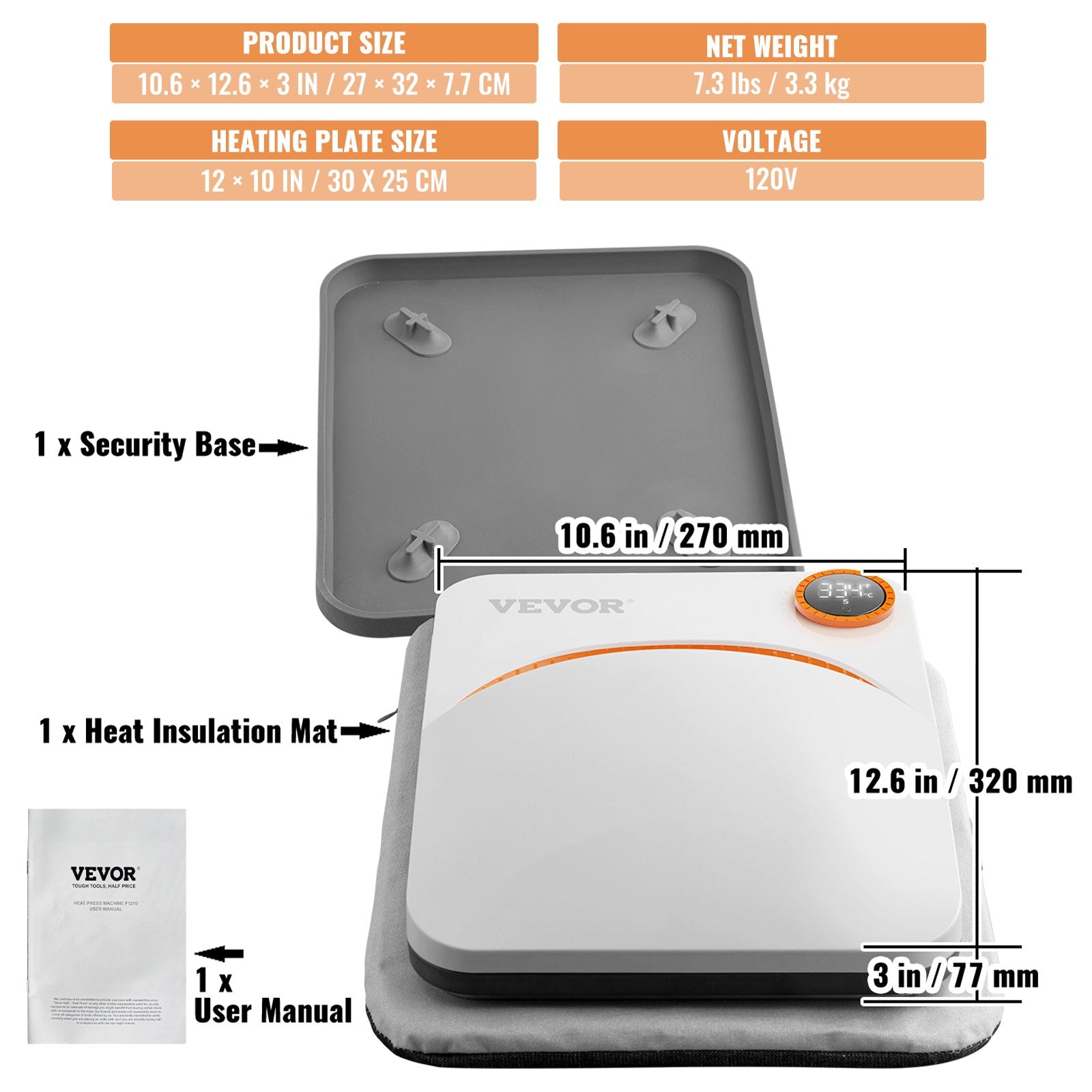 Heat Press Machine 10x12in Portable Sublimation Transfer PTFE Coated for TShirts