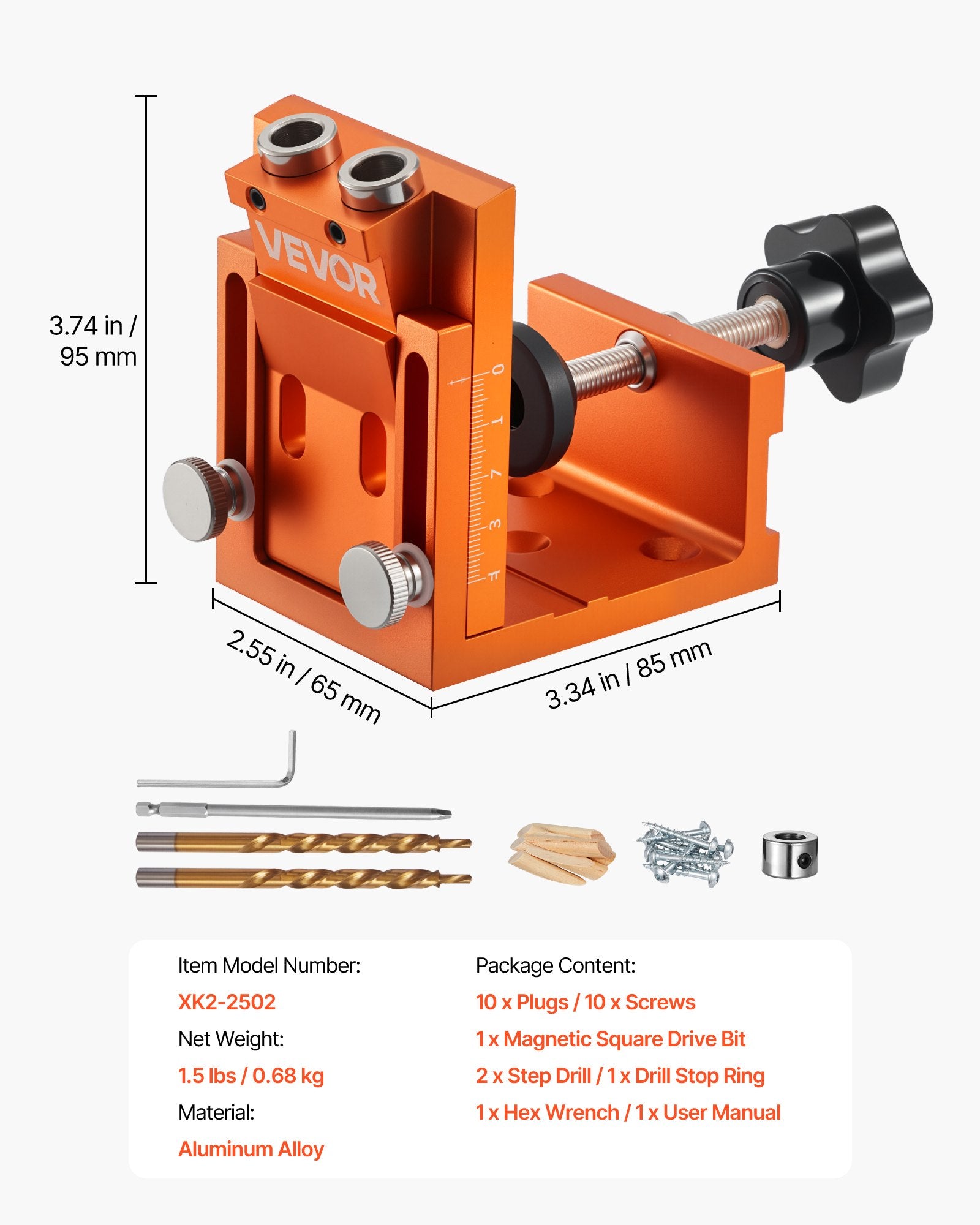 Pocket Hole Jig Kit, 12–48mm Adjustable with Drill, Wrench, Bits, Plugs & Screws