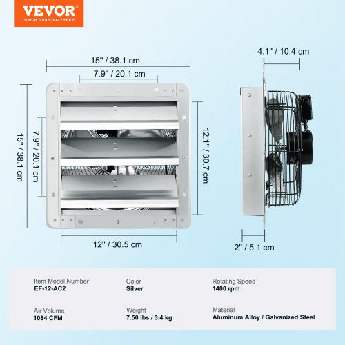Wall Mount Shutter Exhaust Fan 305 mm 1400RPM 1084 CFM AC Motor Ventilation
