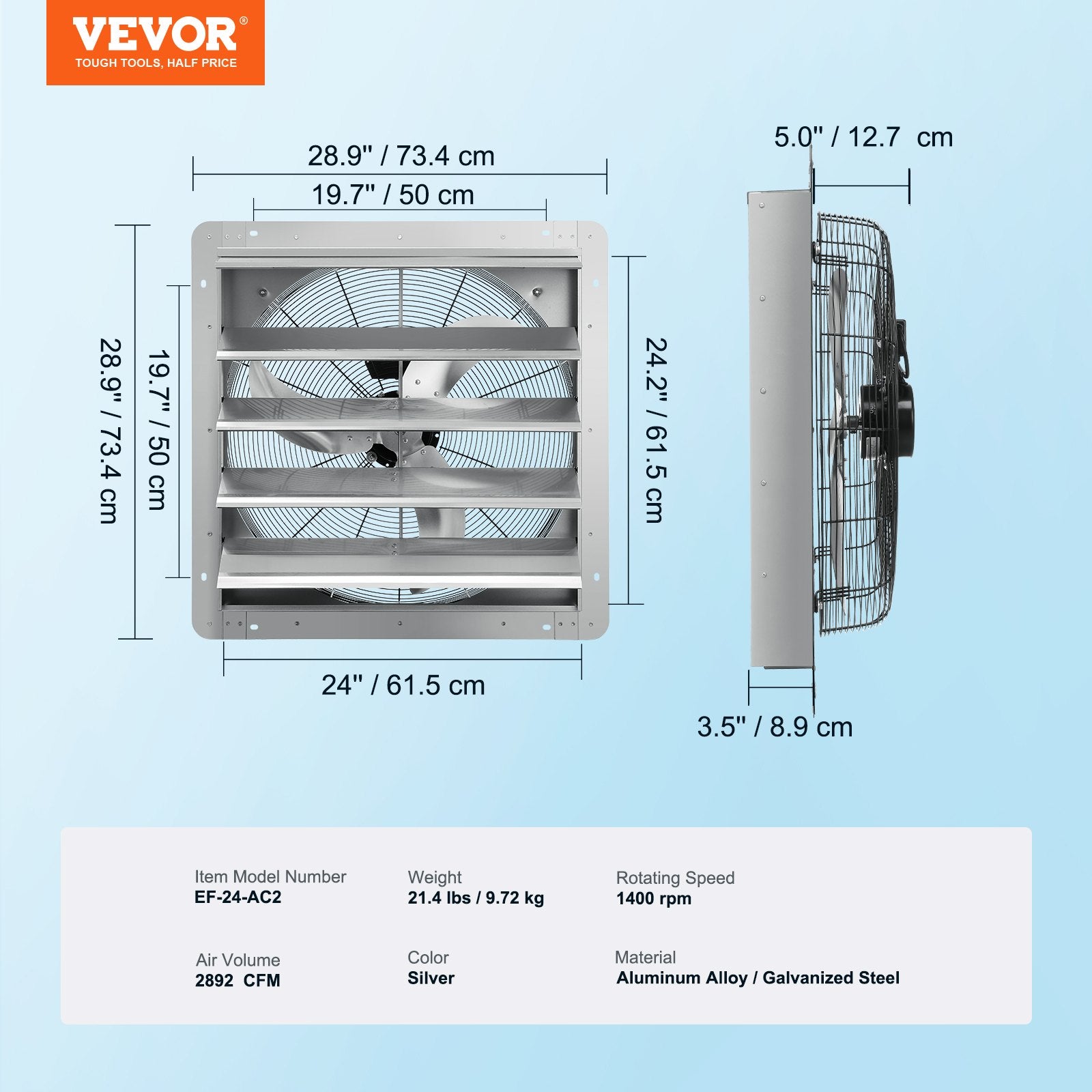 Shutter Exhaust Fan 610mm 1400RPM 2892 CFM Aluminum Wall Mount AC Motor Vent Fan