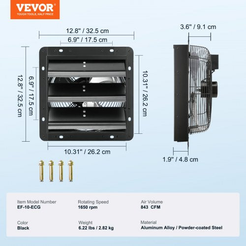 VEVOR Wall Mount Shutter Exhaust Fan 254mm EC Motor Adjustable Speed
